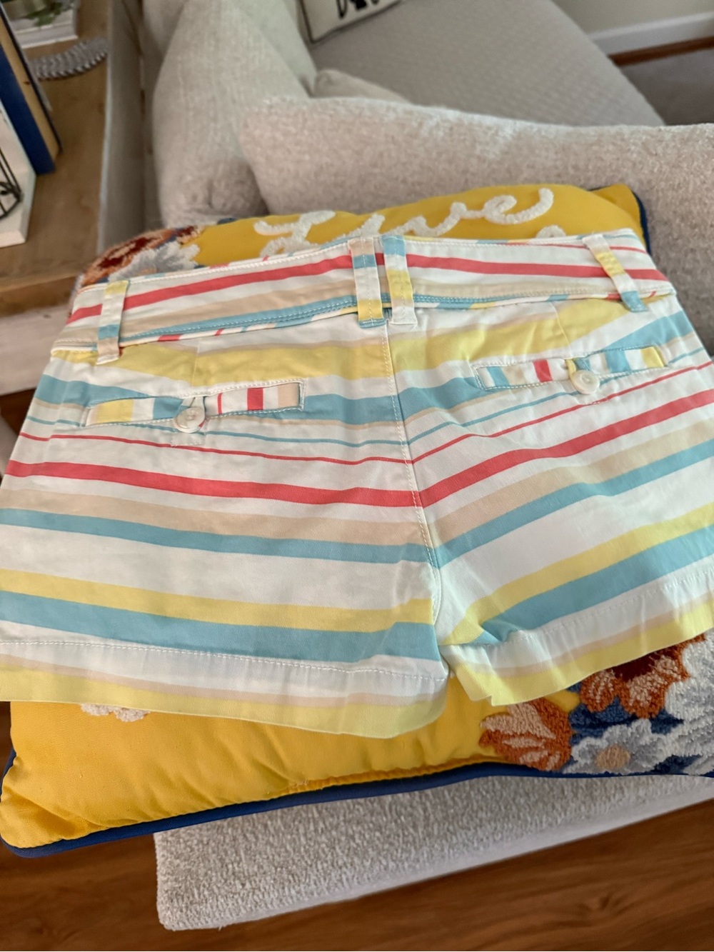 Red Camel Striped Women’s Jean Shorts - Blue, Yellow, Pink, Cream - Picture 2 of 3